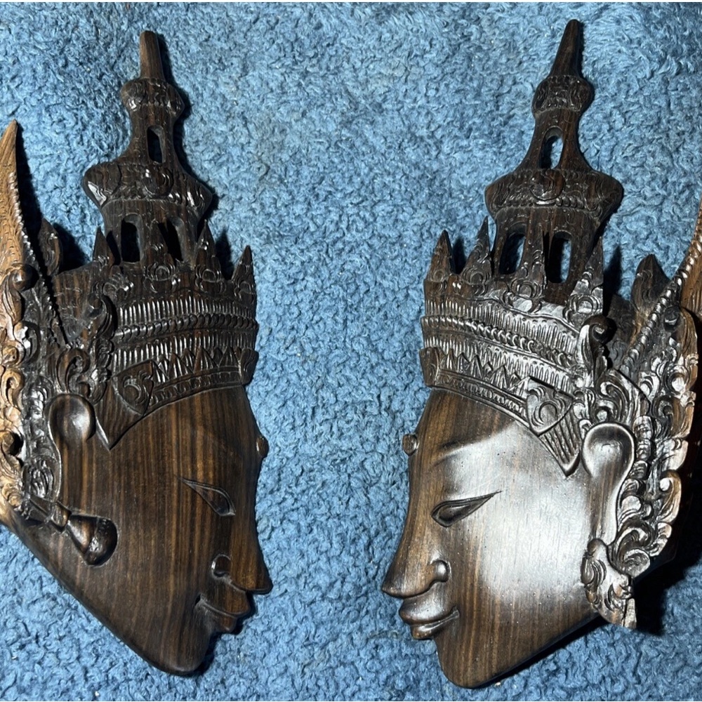 Vtg Rama & Sita Balinese Heads Hand Carving Teak Wood Native of Southeast Asia